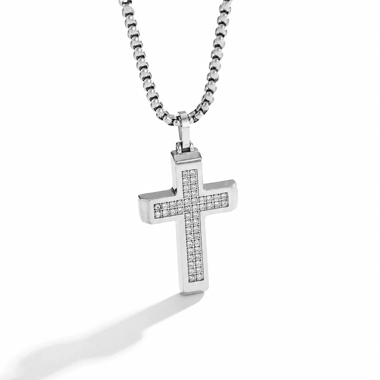 Polished 316 Stainless Steel Pavé Cross Pendant Necklace