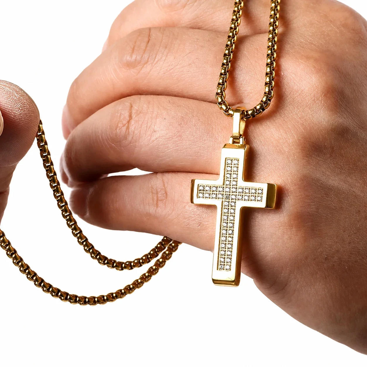 Polished 316 Stainless Steel Pavé Cross Pendant Necklace