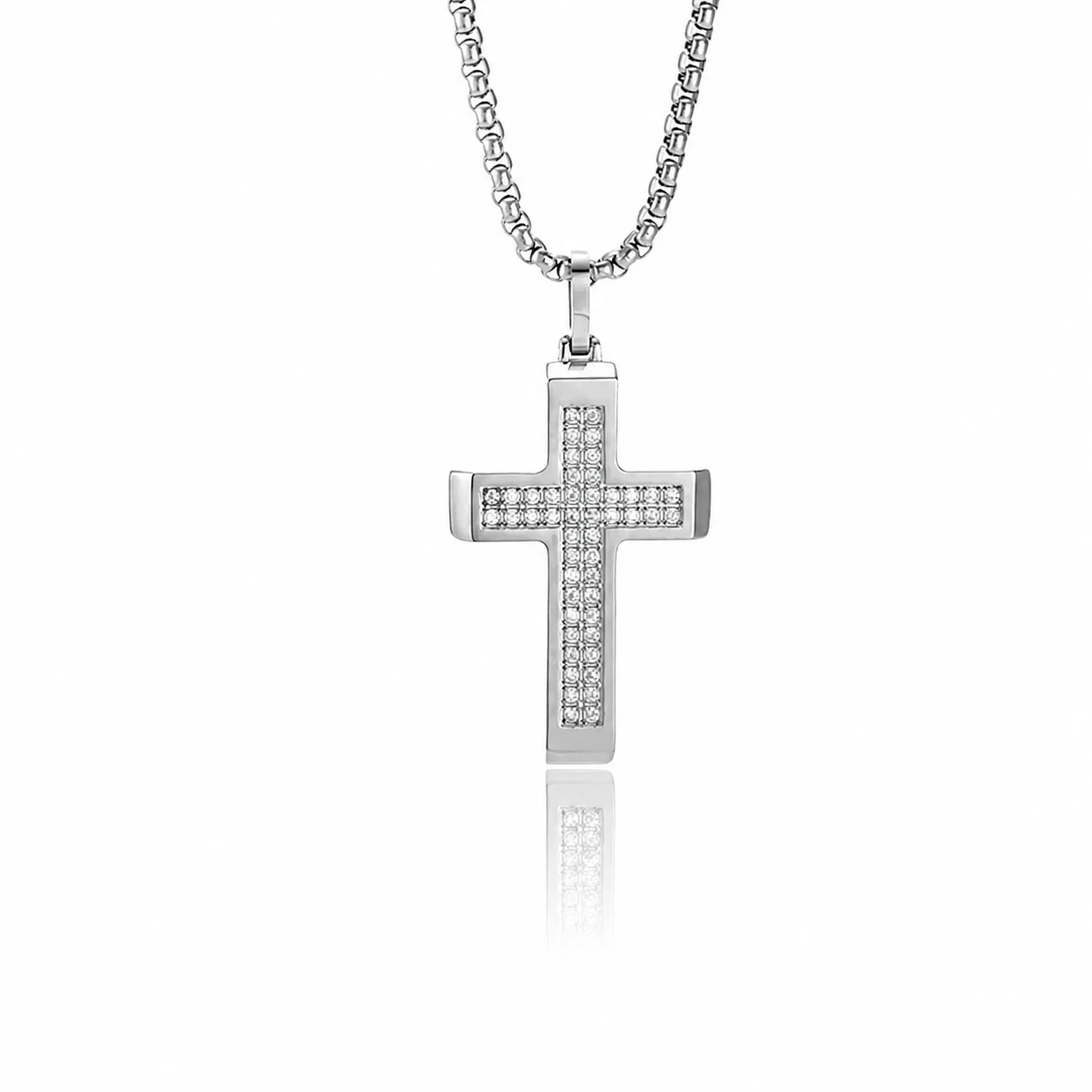 Polished 316 Stainless Steel Pavé Cross Pendant Necklace