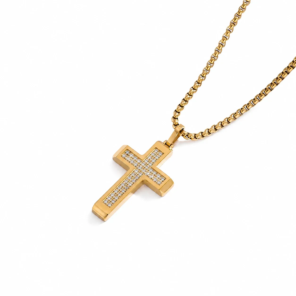 Polished 316 Stainless Steel Pavé Cross Pendant Necklace - Gold CZ Cross