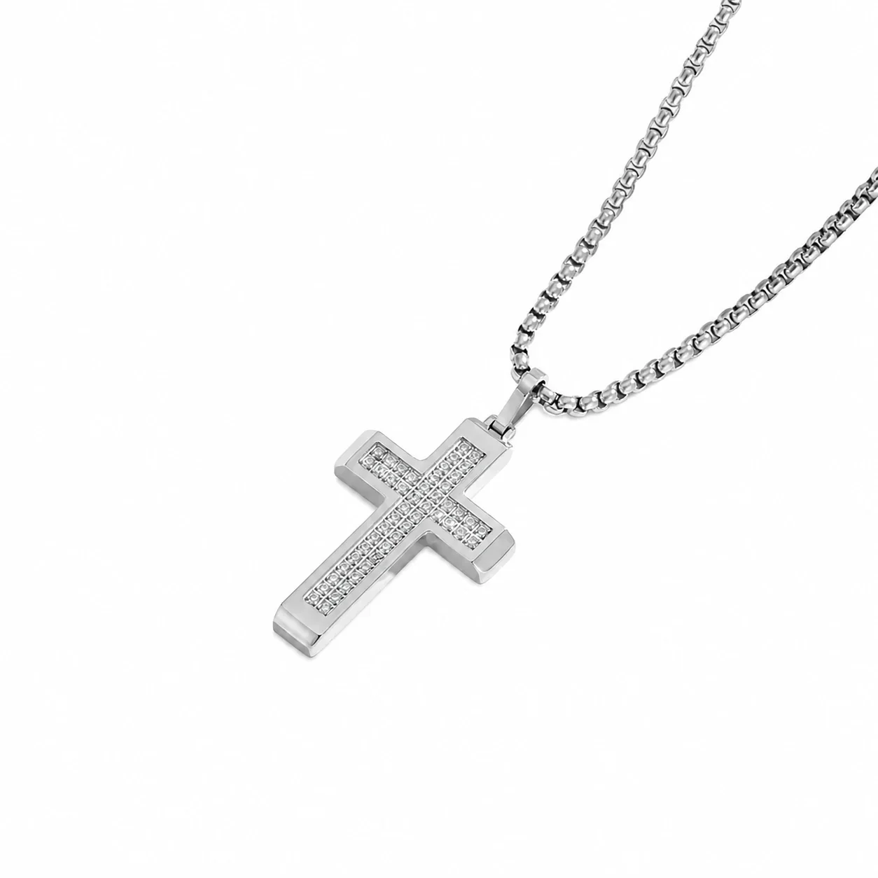 Polished 316 Stainless Steel Pavé Cross Pendant Necklace - Silver CZ Cross