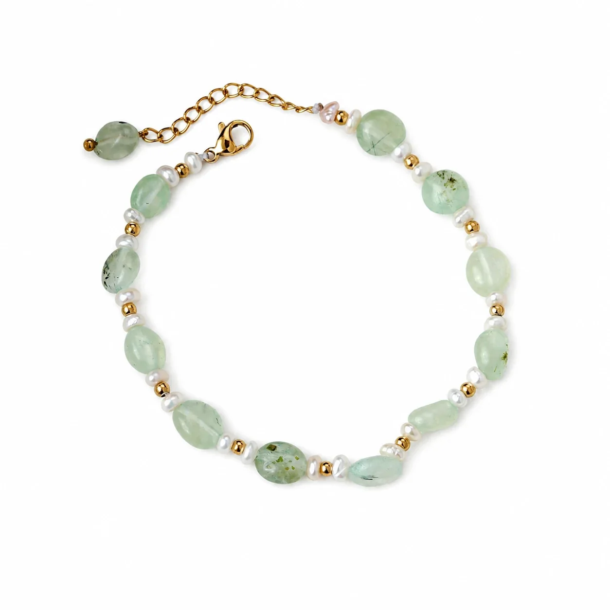 Delicate 18K Gold-Plated Stainless Steel Prehnite Pearl Bead Bracelet