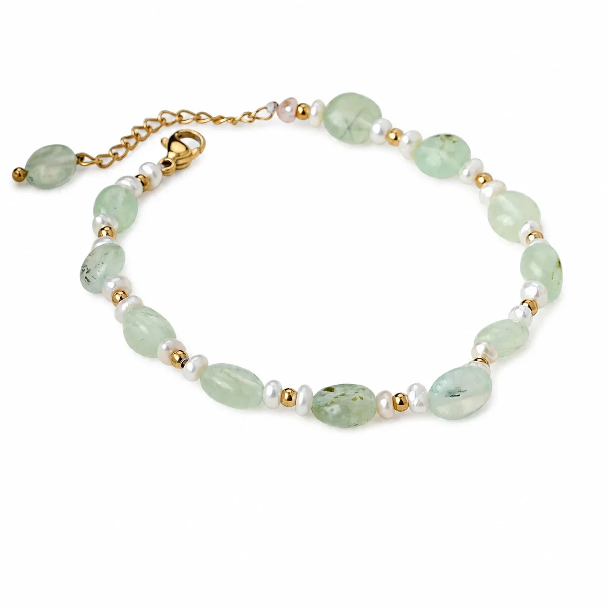 Delicate 18K Gold-Plated Stainless Steel Prehnite Pearl Bead Bracelet