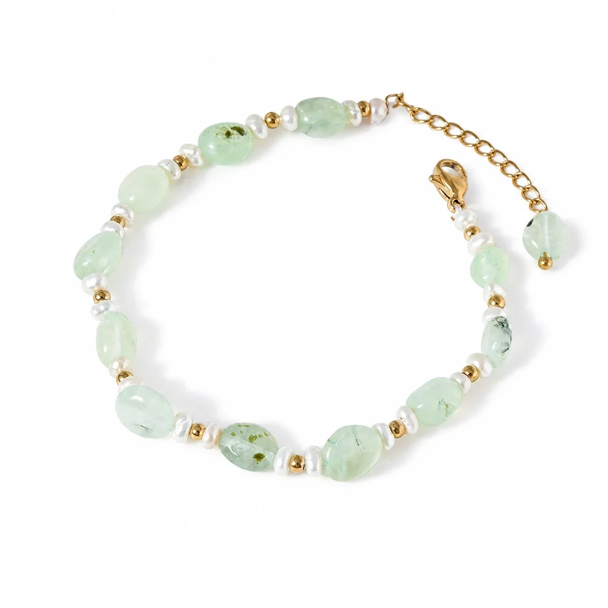 Delicate 18K Gold-Plated Stainless Steel Prehnite Pearl Bead Bracelet