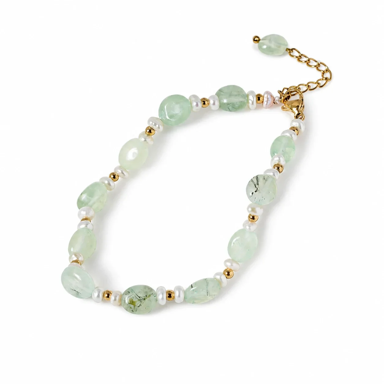 Delicate 18K Gold-Plated Stainless Steel Prehnite Pearl Bead Bracelet