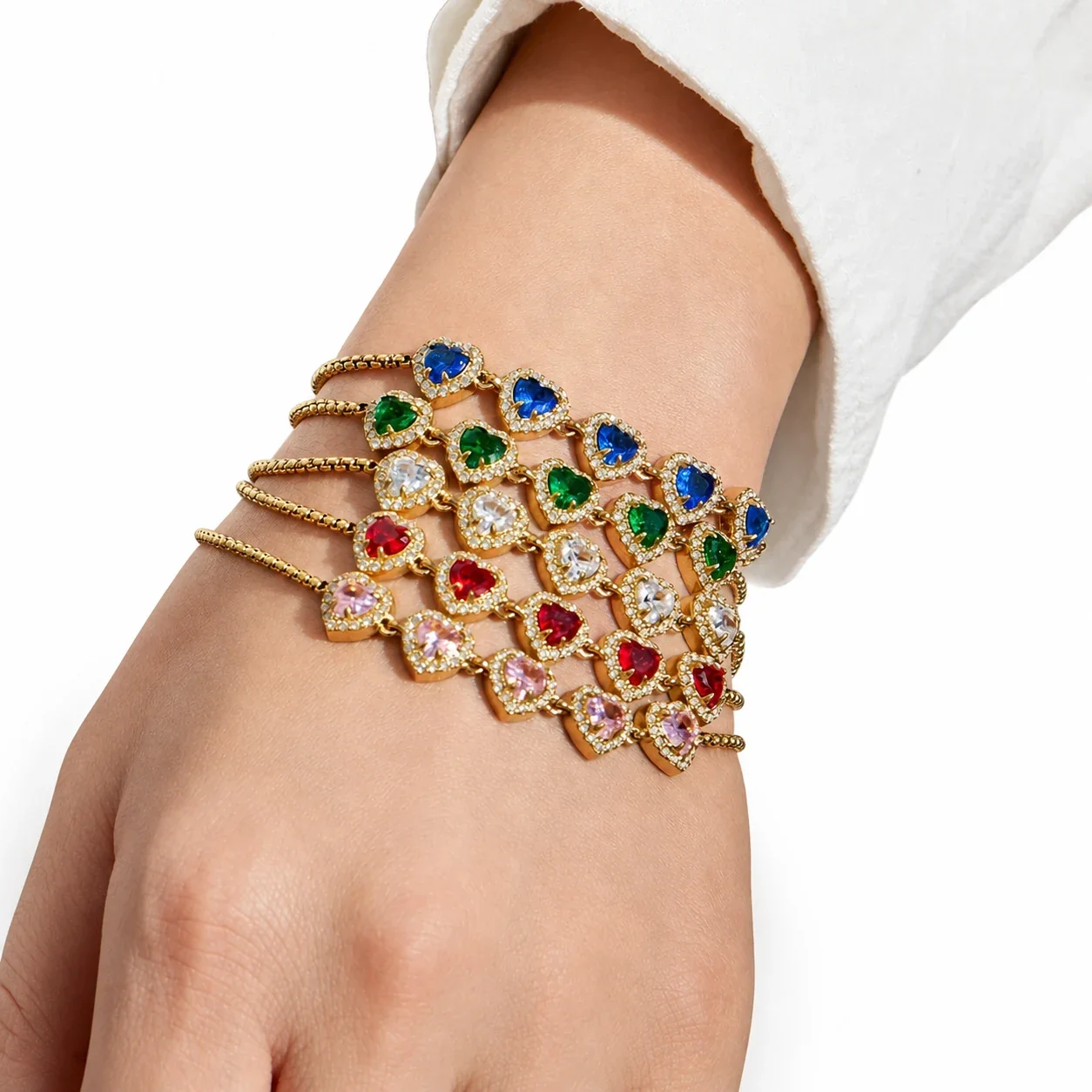 Five-Heart 18K Gold-Plated 316L CZ Box Chain Bracelet