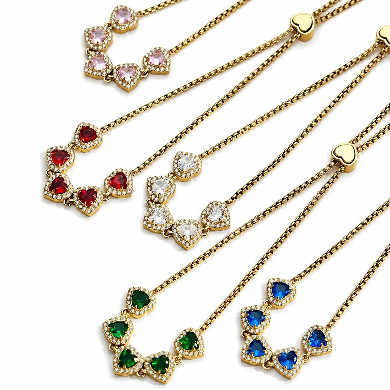 Five-Heart 18K Gold-Plated 316L CZ Box Chain Bracelet