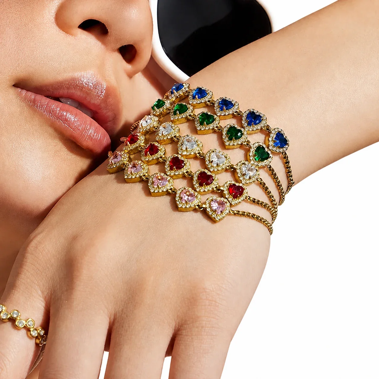 Five-Heart 18K Gold-Plated 316L CZ Box Chain Bracelet