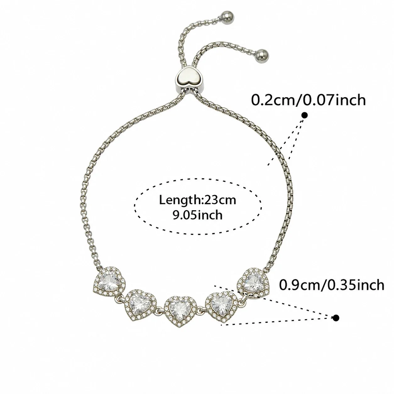 Five-Heart 18K Gold-Plated 316L CZ Box Chain Bracelet - Silver Clear CZ 23 cm