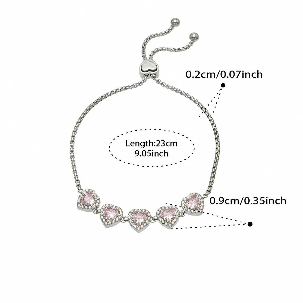 Five-Heart 18K Gold-Plated 316L CZ Box Chain Bracelet - Silver Pink CZ 23 cm