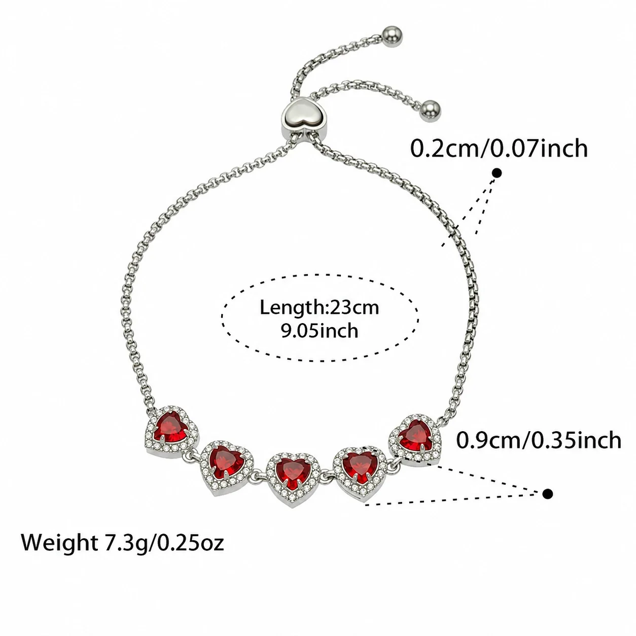 Five-Heart 18K Gold-Plated 316L CZ Box Chain Bracelet - Silver Red CZ 23 cm