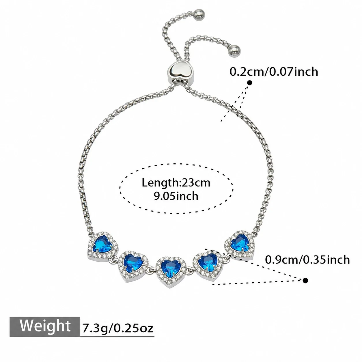 Five-Heart 18K Gold-Plated 316L CZ Box Chain Bracelet - Silver Blue CZ 23 cm