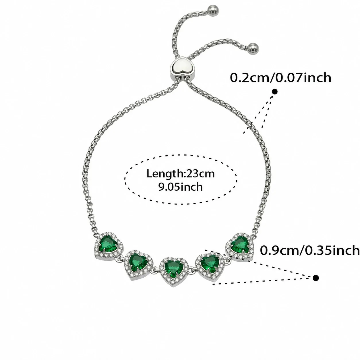 Five-Heart 18K Gold-Plated 316L CZ Box Chain Bracelet - Silver Green CZ 23 cm