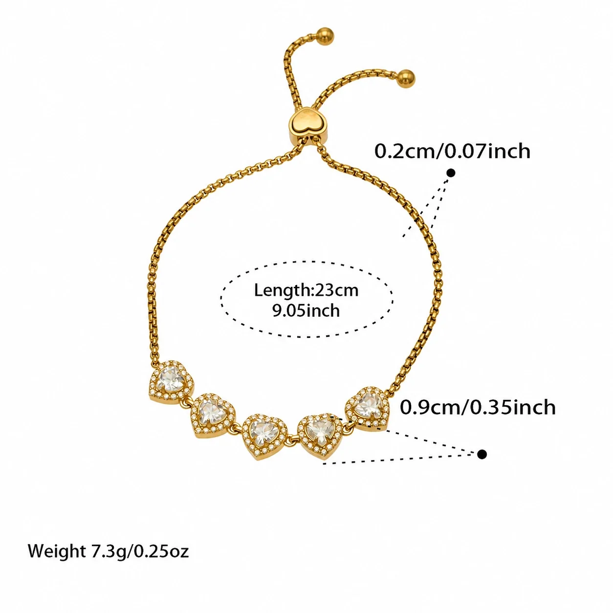 Five-Heart 18K Gold-Plated 316L CZ Box Chain Bracelet - Gold Clear CZ 23 cm