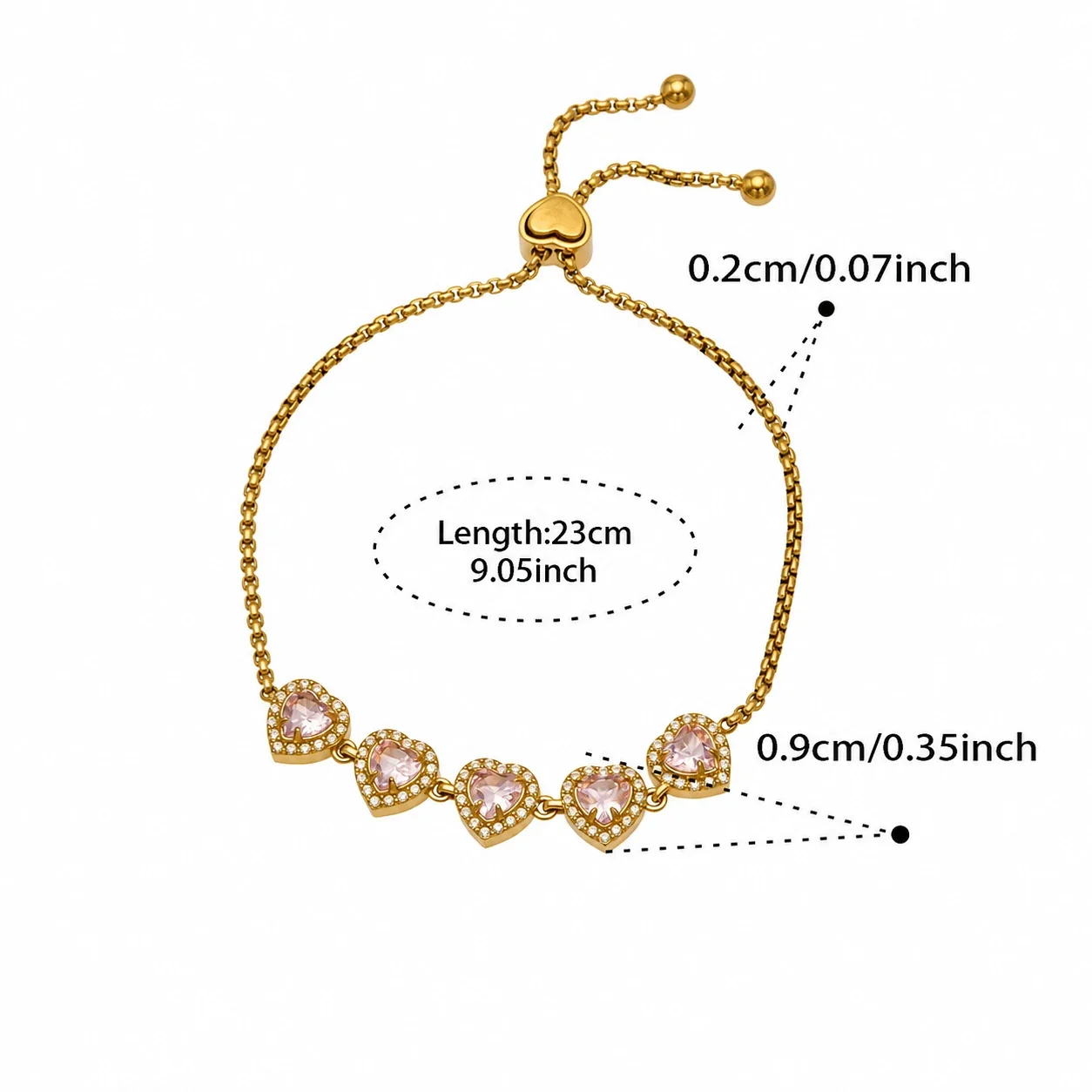 Five-Heart 18K Gold-Plated 316L CZ Box Chain Bracelet - Gold Pink CZ 23 cm