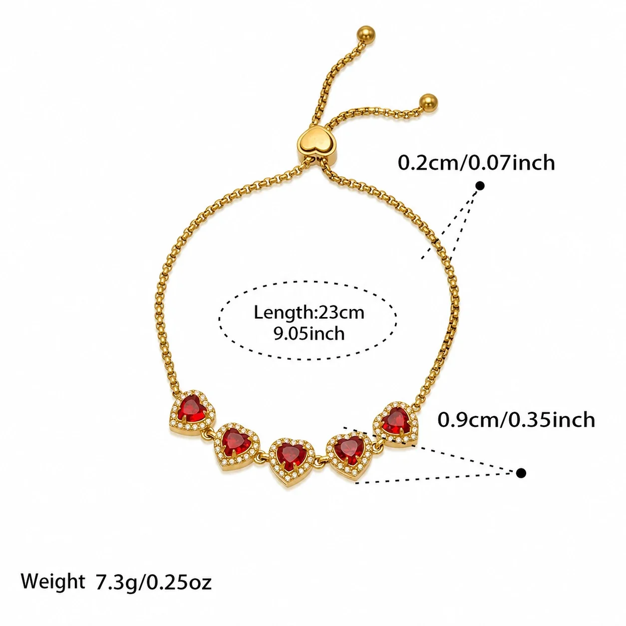 Five-Heart 18K Gold-Plated 316L CZ Box Chain Bracelet - Gold Red CZ 23 cm