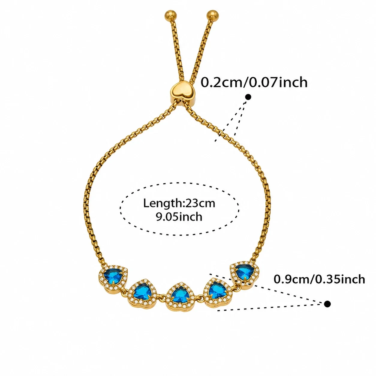Five-Heart 18K Gold-Plated 316L CZ Box Chain Bracelet - Gold Blue CZ 23 cm
