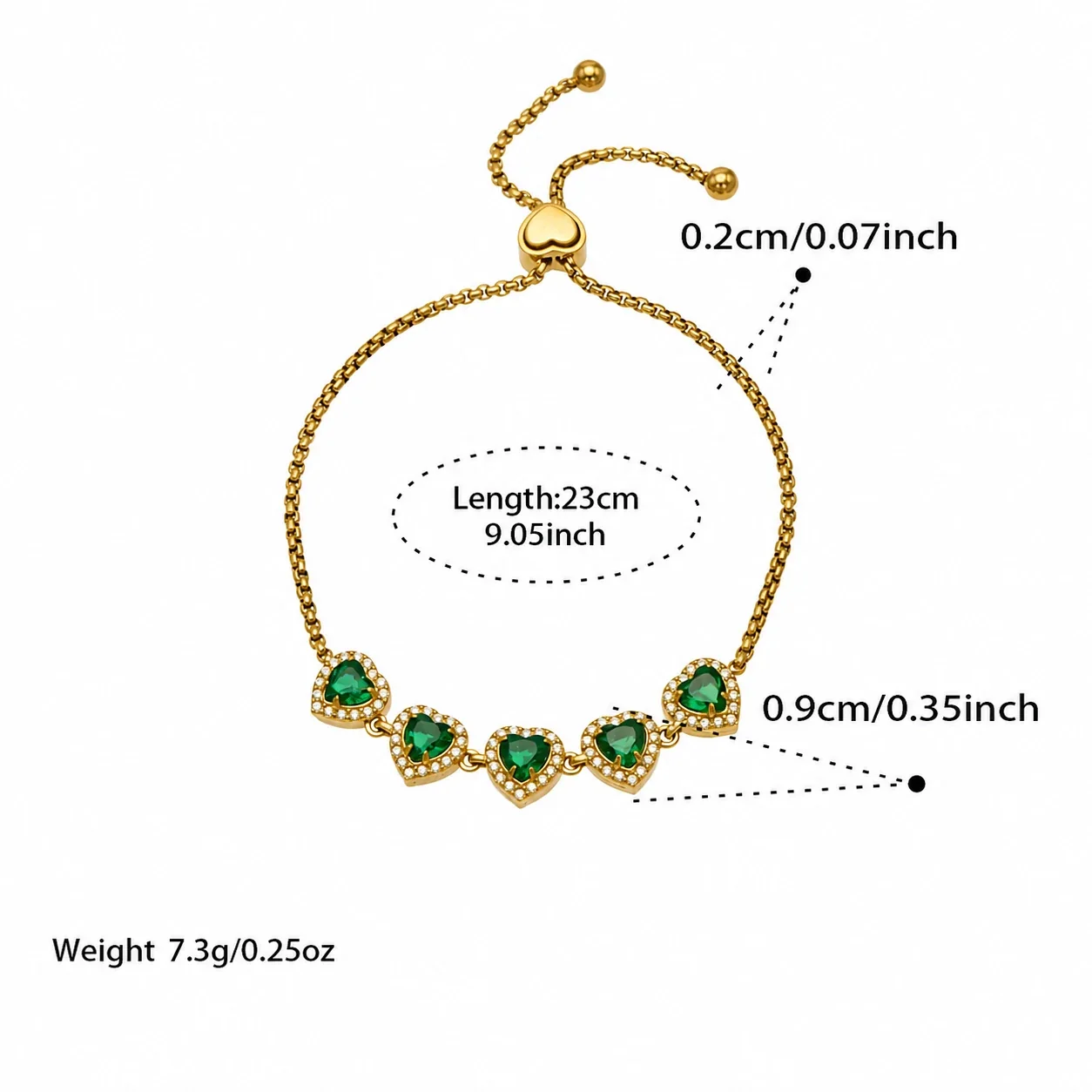 Five-Heart 18K Gold-Plated 316L CZ Box Chain Bracelet - Gold Green CZ 23 cm