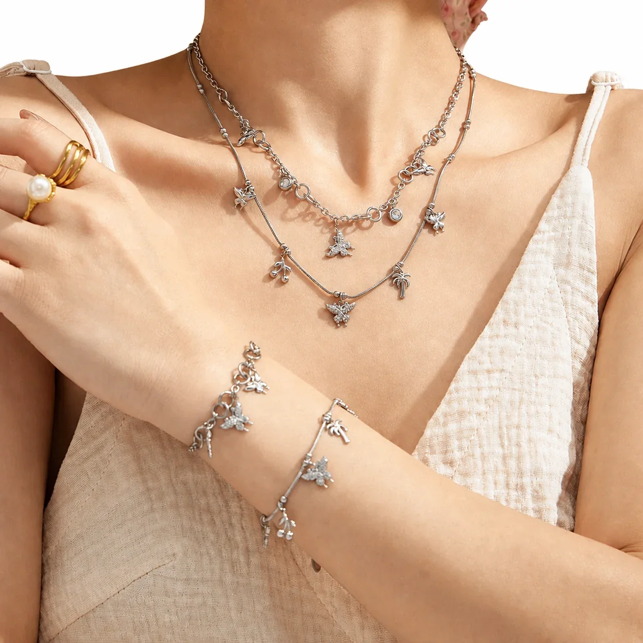 Tropical Butterfly Bead 18K Gold-Plated 316L Stainless Steel Jewelry Set