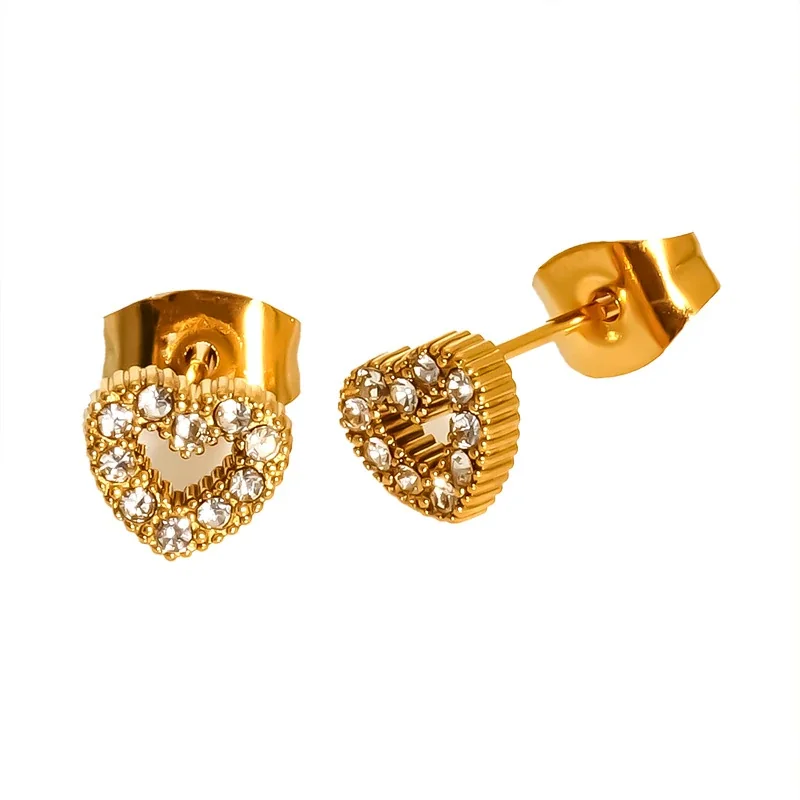 Playful 316 Stainless Steel Gold-Tone CZ Heart Star Stud Earrings