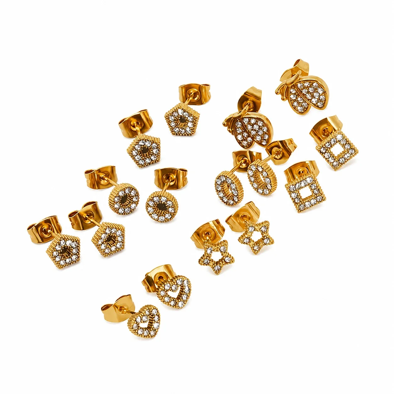 Playful 316 Stainless Steel Gold-Tone CZ Heart Star Stud Earrings