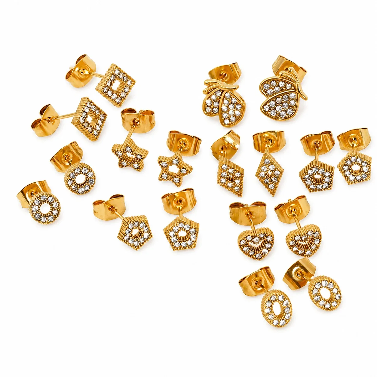 Playful 316 Stainless Steel Gold-Tone CZ Heart Star Stud Earrings