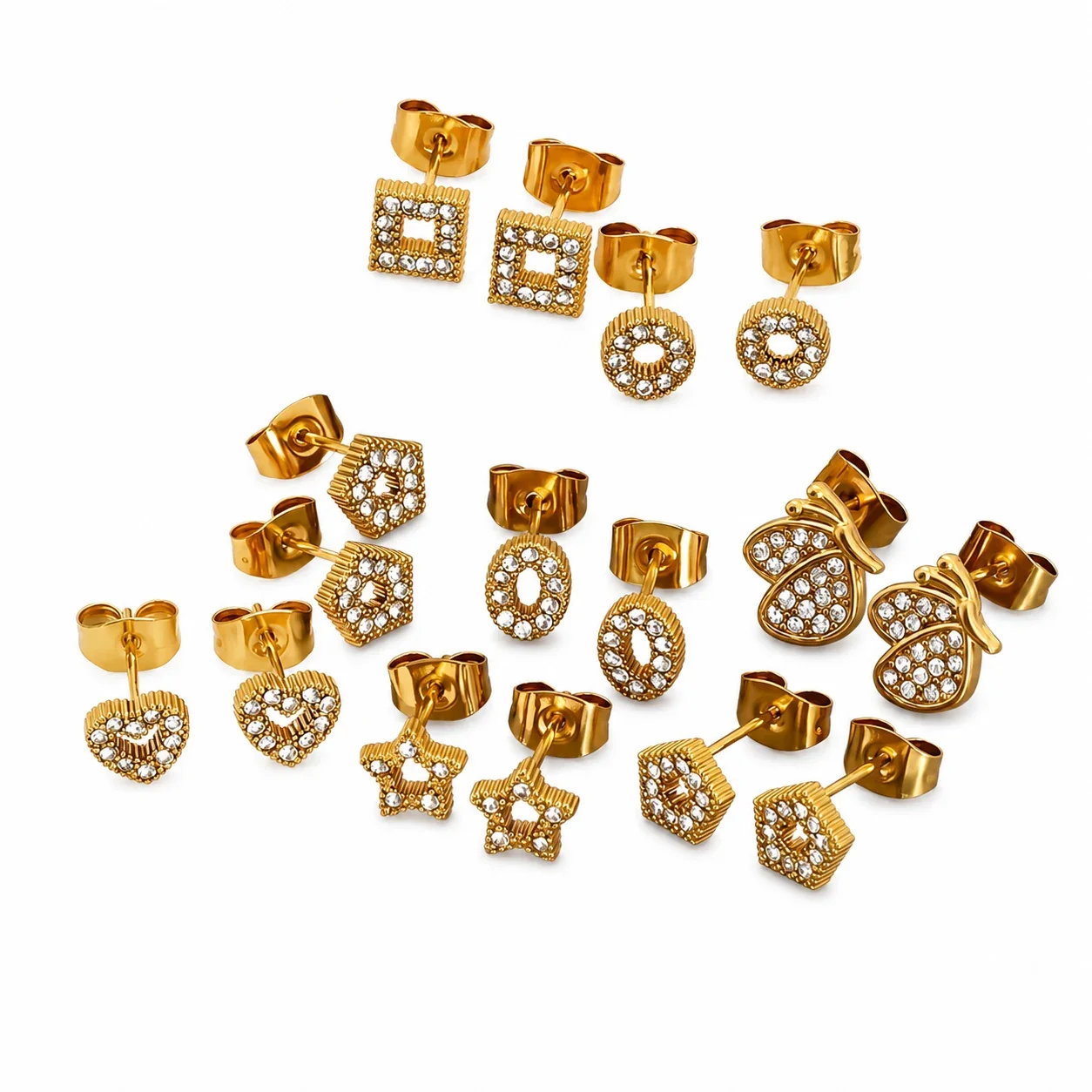Playful 316 Stainless Steel Gold-Tone CZ Heart Star Stud Earrings