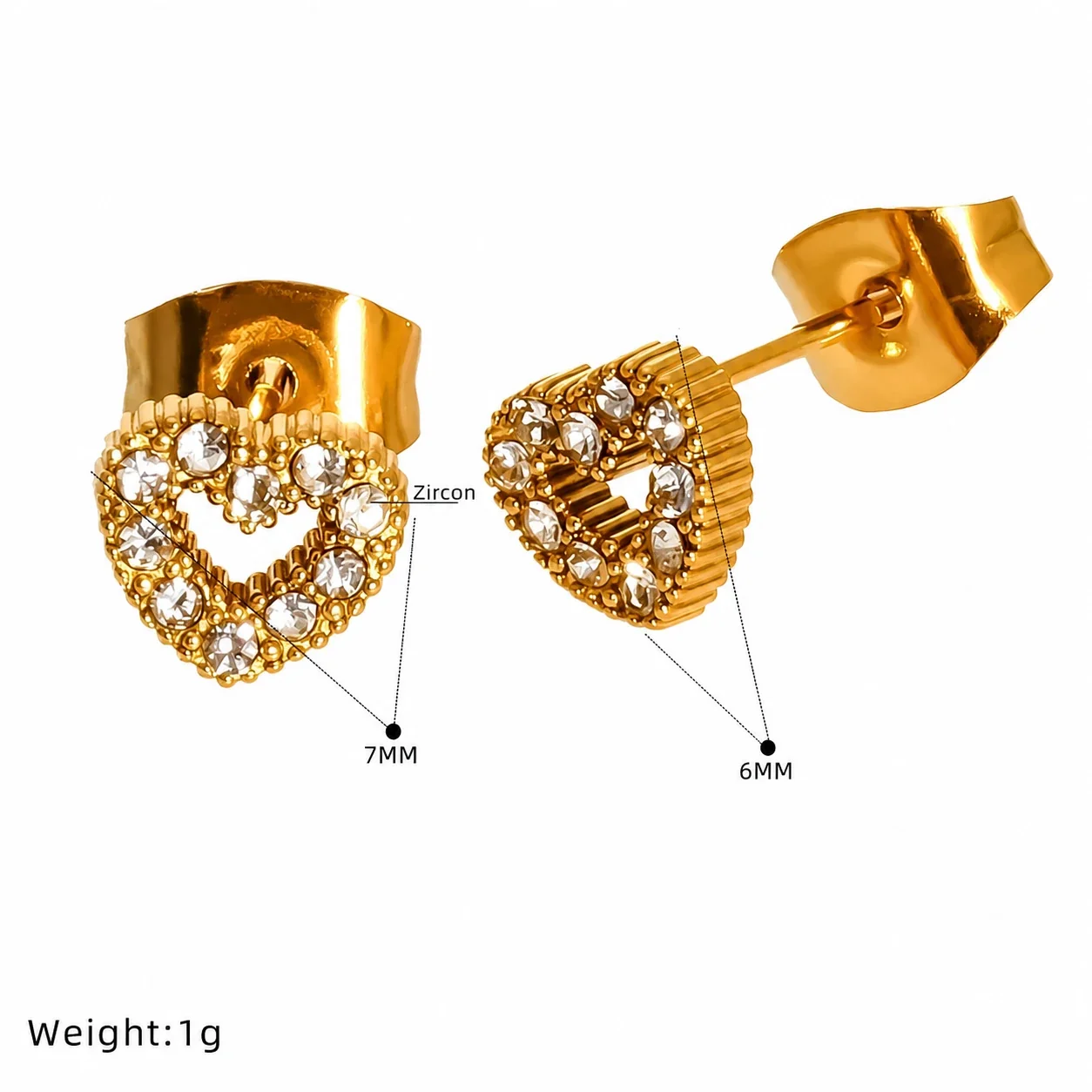 Playful 316 Stainless Steel Gold-Tone CZ Heart Star Stud Earrings