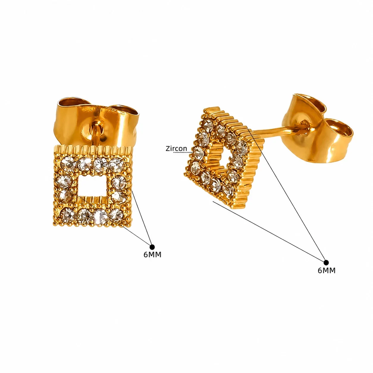 Playful 316 Stainless Steel Gold-Tone CZ Heart Star Stud Earrings - Gold Round