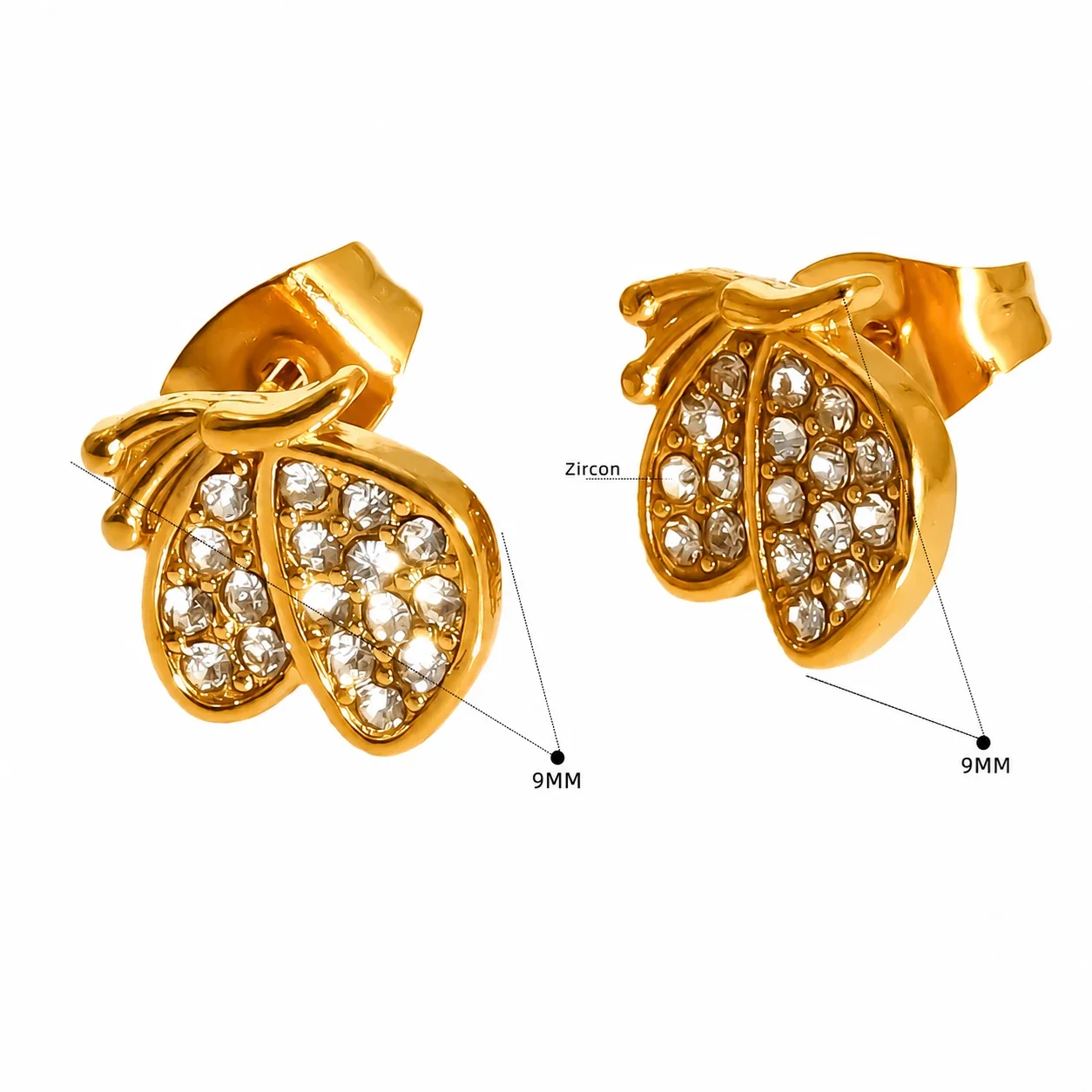 Playful 316 Stainless Steel Gold-Tone CZ Heart Star Stud Earrings - Gold Leaf