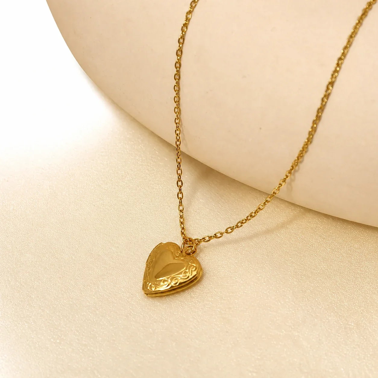 Romantic Gold PVD Engraved Heart Locket Necklace