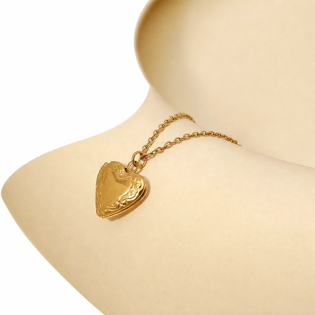 Romantic Gold PVD Engraved Heart Locket Necklace
