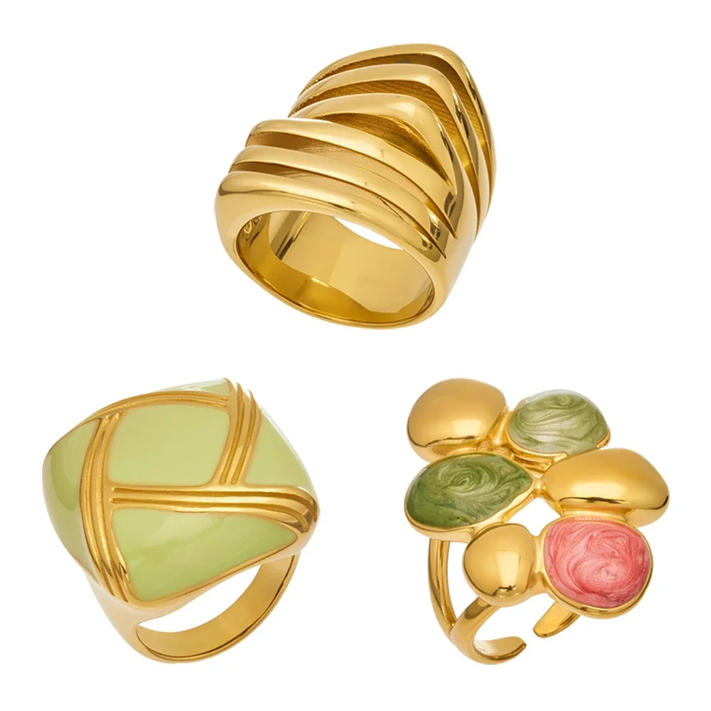 Bold Gold-Plated 316 Stainless Steel Ribbed Enamel Ring