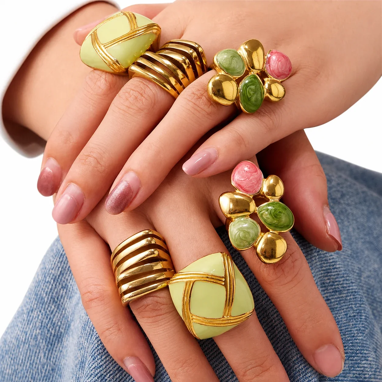 Bold Gold-Plated 316 Stainless Steel Ribbed Enamel Ring