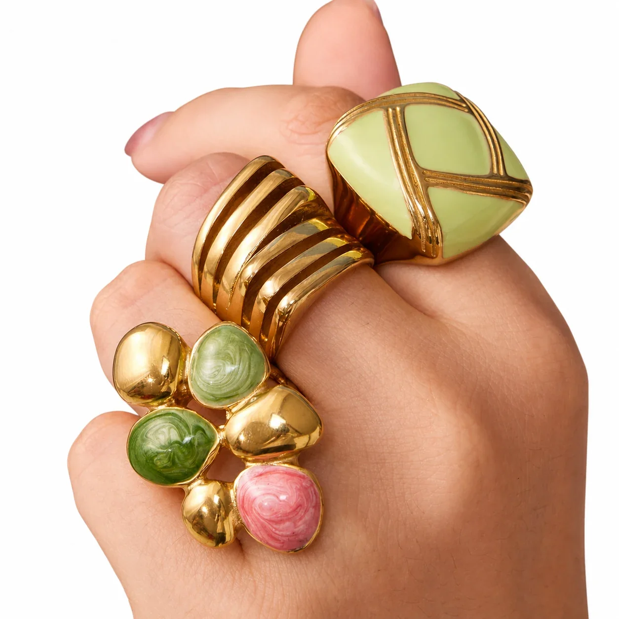 Bold Gold-Plated 316 Stainless Steel Ribbed Enamel Ring