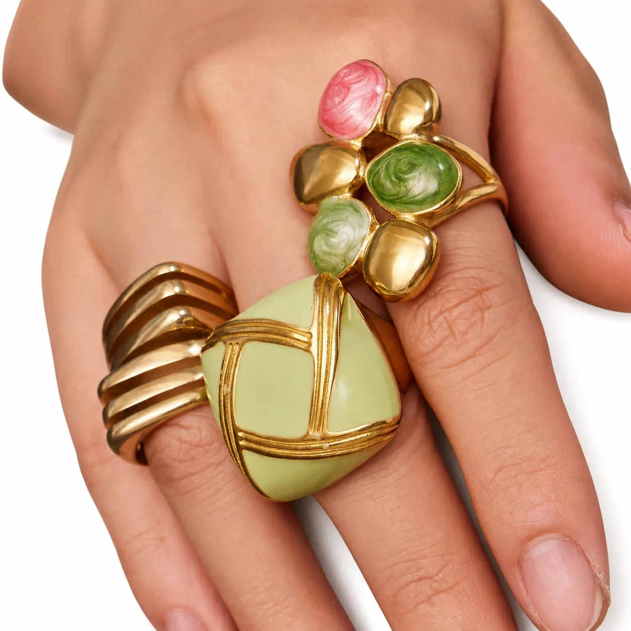 Bold Gold-Plated 316 Stainless Steel Ribbed Enamel Ring