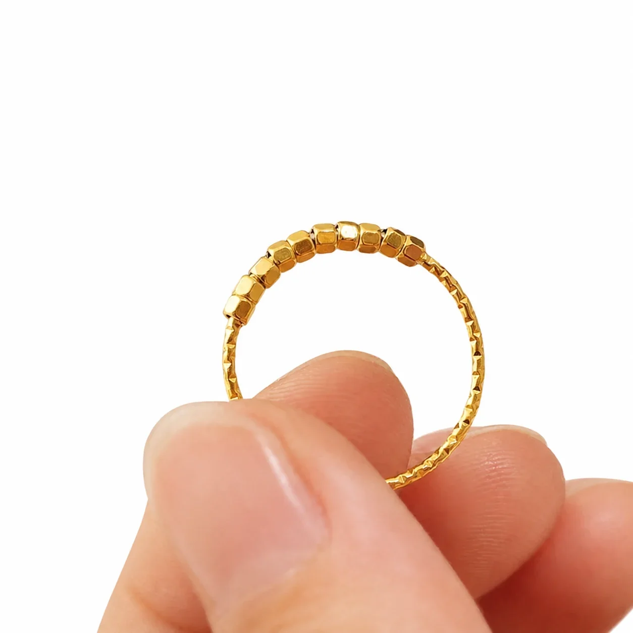 Delicate Stainless Steel Faceted Band Cube Bead Ring