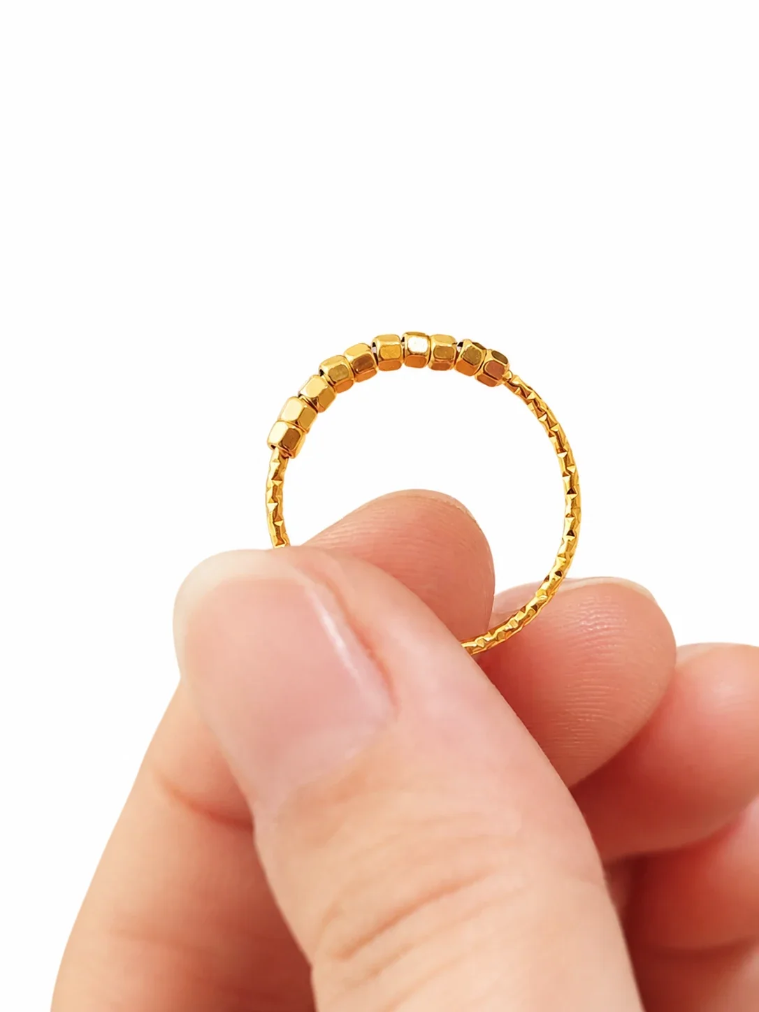 Delicate Stainless Steel Faceted Band Cube Bead Ring - Gold