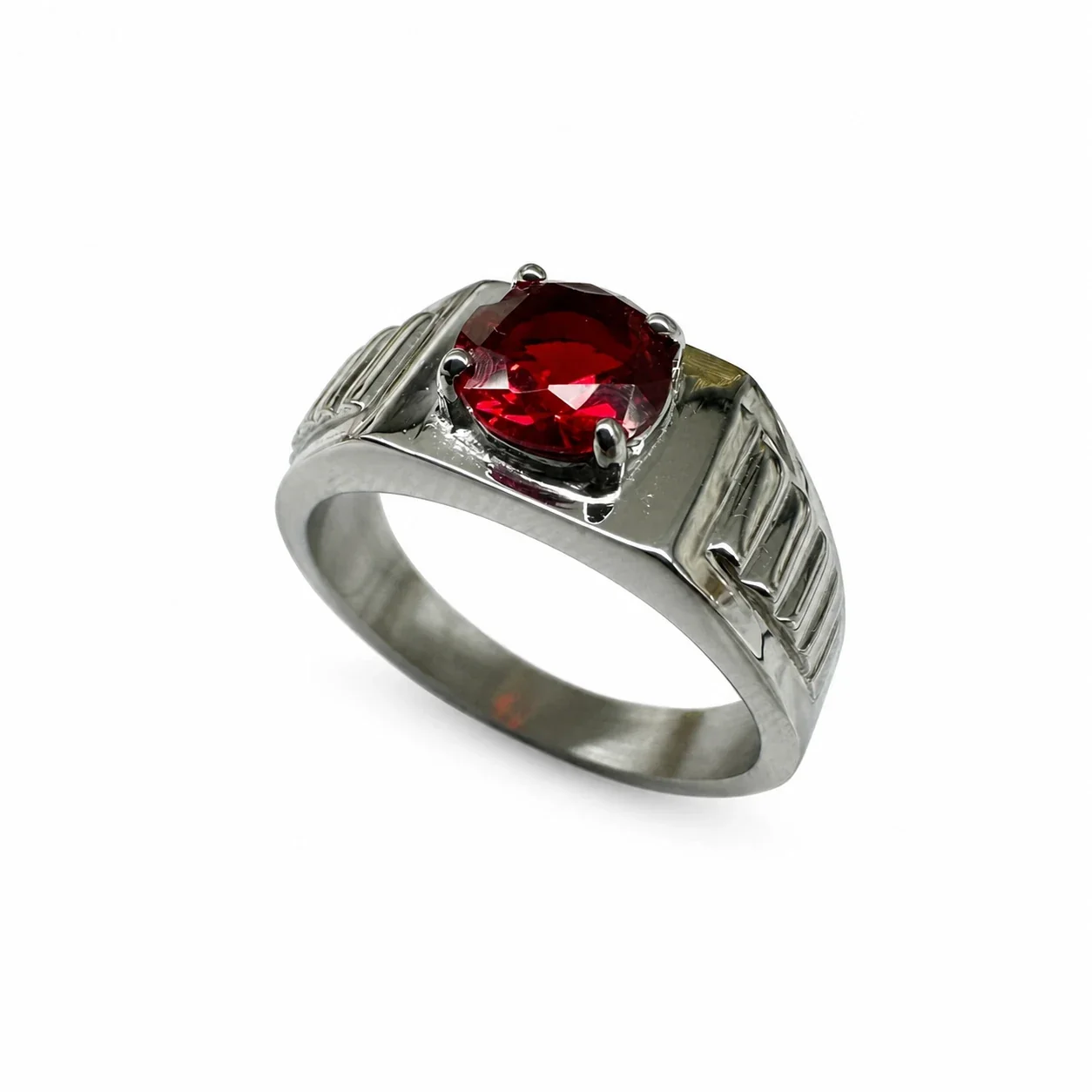 Bold 316 Stainless Steel Round CZ Signet Ring - Red CZ