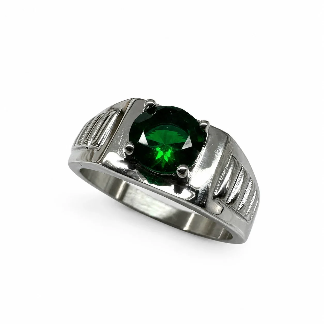 Bold 316 Stainless Steel Round CZ Signet Ring - Green CZ