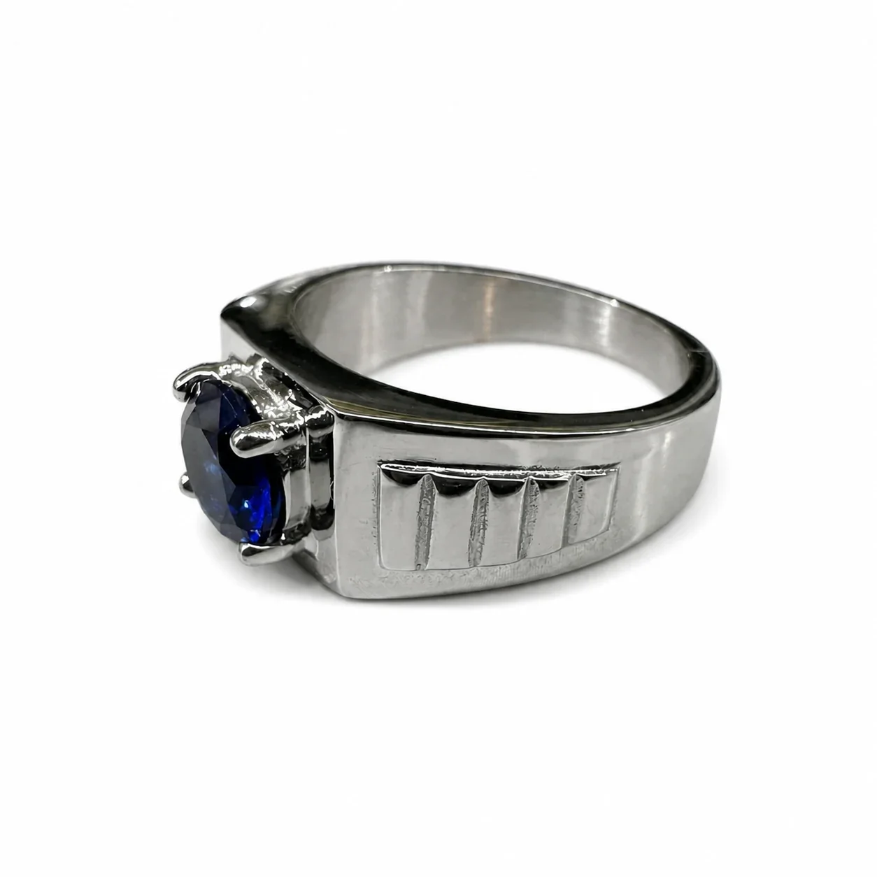 Bold 316 Stainless Steel Round CZ Signet Ring - Blue CZ