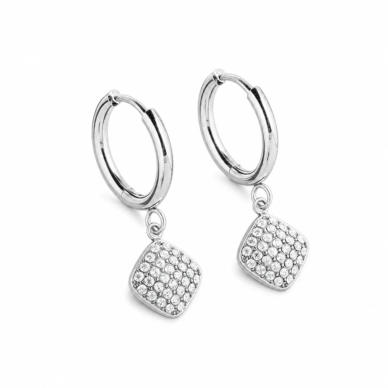 Polished 316 Stainless Steel Pavé Charm Huggie Earrings