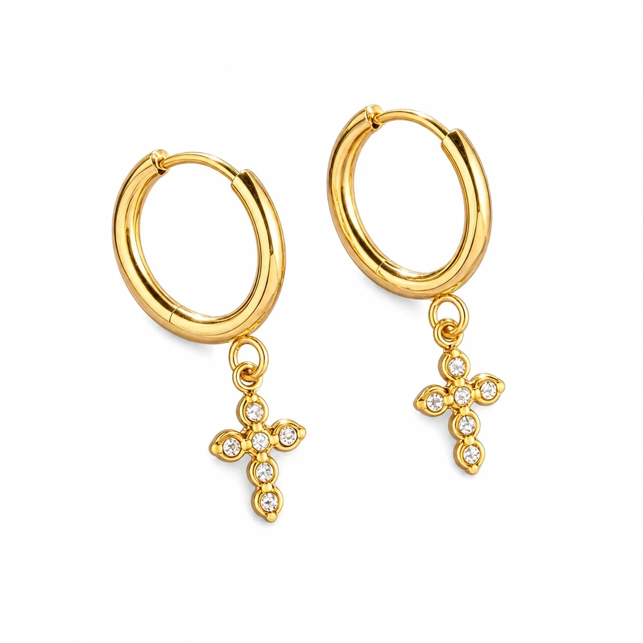 Polished 316 Stainless Steel Pavé Charm Huggie Earrings