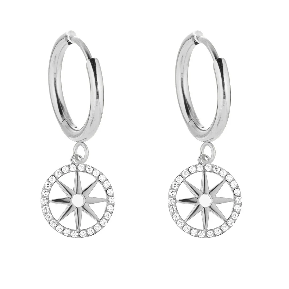 Polished 316 Stainless Steel Pavé Charm Huggie Earrings