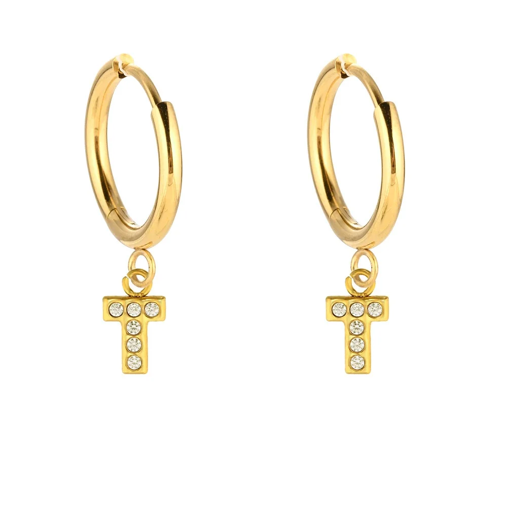 Polished 316 Stainless Steel Pavé Charm Huggie Earrings - Gold T CZ