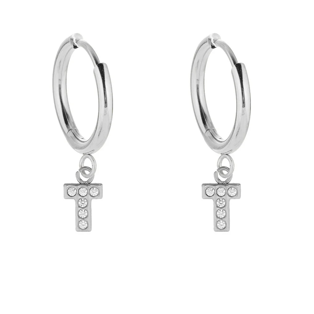 Polished 316 Stainless Steel Pavé Charm Huggie Earrings - Silver T CZ