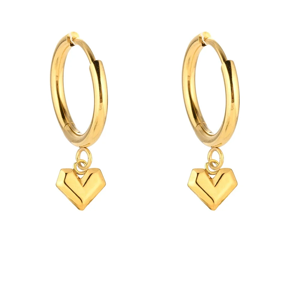 Polished 316 Stainless Steel Pavé Charm Huggie Earrings - Gold Heart CZ