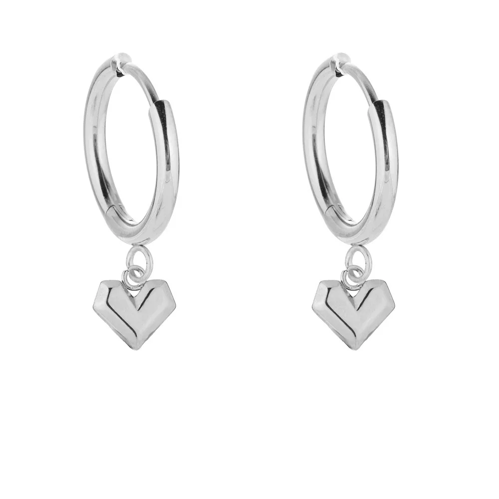 Polished 316 Stainless Steel Pavé Charm Huggie Earrings - Silver Heart CZ