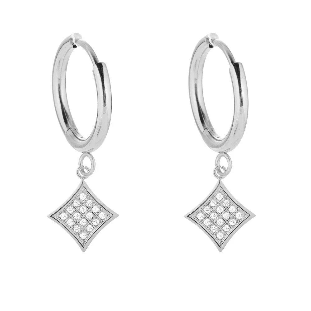 Polished 316 Stainless Steel Pavé Charm Huggie Earrings - Silver Square CZ