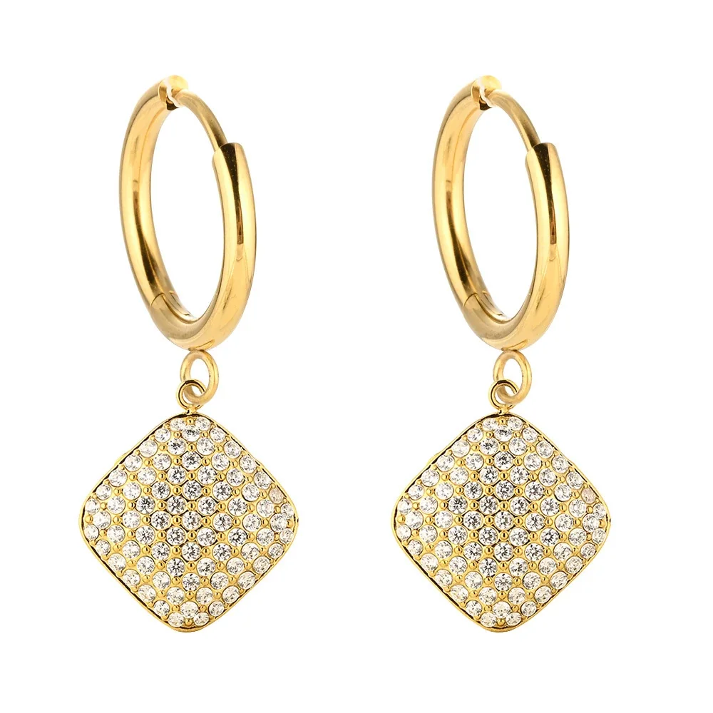 Polished 316 Stainless Steel Pavé Charm Huggie Earrings - Gold Large Rhombus CZ